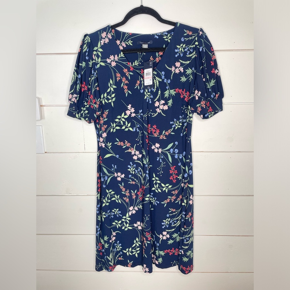 Tommy Hilfiger A-Line Dress 10 NWT Navy Blue Dark Floral Stretch Puff Sleeve - Picture 5 of 9